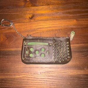 Louis Vuitton Brown and Green Leather Keychain Wallet Pouchette Damaged